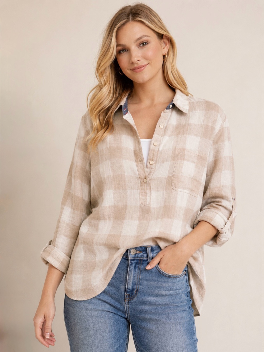 Tommy Hilfiger Beige Plaid Popover Shirt Large Roll Tab Long Sleeve Blouse